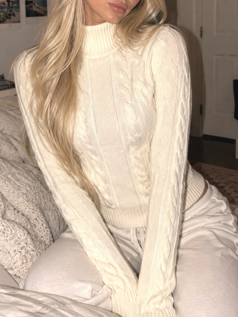Women’s Soft Cable Knit Detail Essential Stylish Mock Neck Sweater in Cream